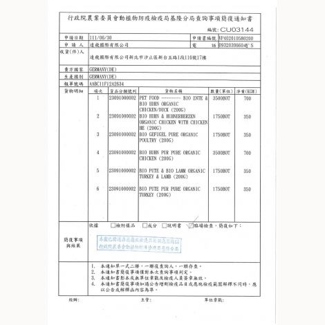 達飛國際-凱力女神貓罐-簡復通知書-德國